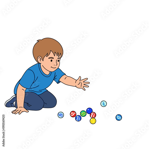 A young boy playing with marbles on the floor.