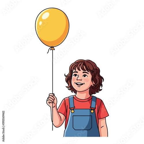 A happy cartoon child holding a yellow balloon.