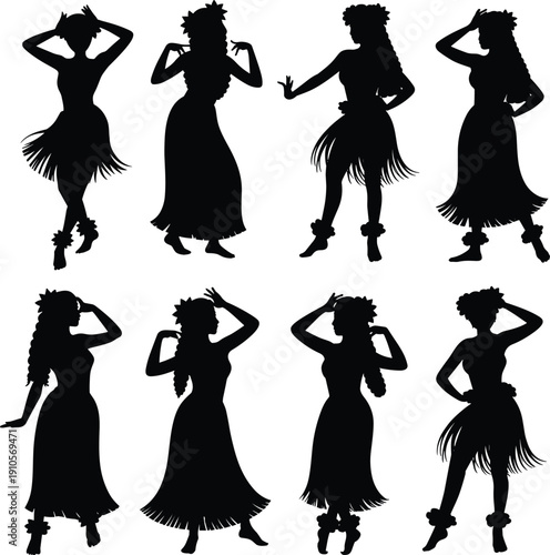 Hula dancer silhouettes collection, Hawaiian traditional female dance vector illustration set with grass skirts isolated on white background for cultural design