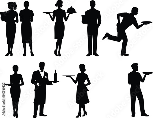 Waiter and waitress silhouette set, restaurant staff serving food and drinks with tray, hospitality service workers collection isolated on white background