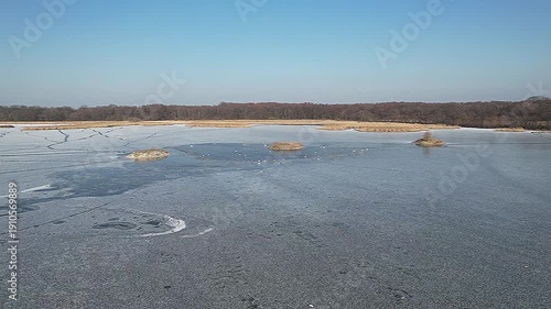 Rezerwat przyrody Łęższczok na Śląsku w Polsce zimą z lotu ptaka. Zamarznięte jezioro w zimie.