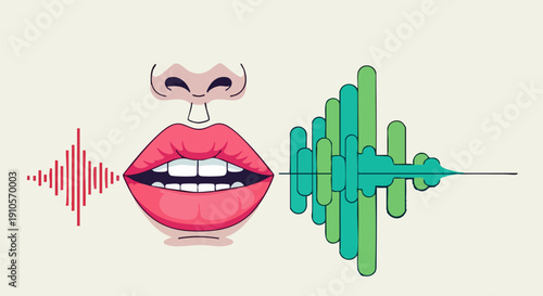 Vector illustration of talking mouth with pink lips and teeth, red sound wave, and green audio spectrum, speech recognition concept