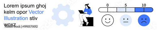 Productivity, emotional monitoring, feedback systems, user experience, work-life balance, digital tools. A woman working on a laptop, gear icon and emotional scale. Productivity and emotional