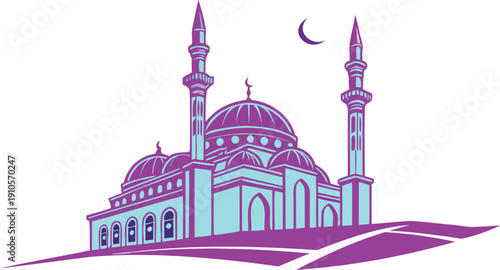 Stylized illustration of a mosque with domes and minarets in turquoise and purple, set against a white background with a crescent moon, representing Islamic architecture and culture.