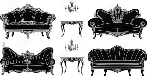 Luxury baroque rococo furniture set with ornate sofas, decorative tables and vintage chandeliers, black silhouette vector illustration isolated on white background