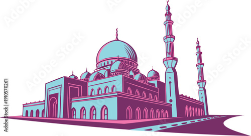 Turquoise and purple illustration of a grand mosque with multiple domes and tall minarets, set on a colored landscape with a road, evoking a sense of Islamic splendor and travel.