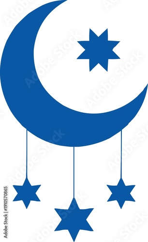 Ramadan kareem decoration with hanging stars and crescent moon, traditional islamic holiday design
