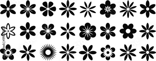 Set of black floral silhouette vector icons collection isolated on white background for decorative patterns, logo design, stickers, scrapbooking, and creative graphic projects