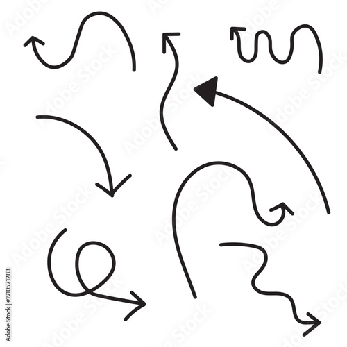 Hand drawn curved arrows set, doodle arrow collection isolated on white background