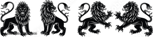 Heraldic lion vector illustration set, emblematic animal artwork, decorative medieval motif, symbolic strength courage design, abstract noble pattern
