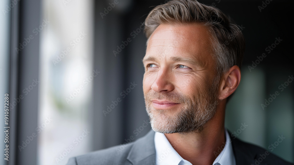 Fototapeta premium Happy confident mature 45-year-old businessman investor standing in office looking away, middle-aged rich business owner male CEO executive leader, wearing suit thinking on future