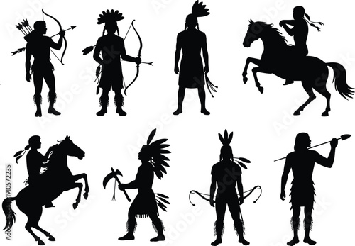 Native American warrior silhouettes vector illustration, tribal archers, horse riders and indigenous characters isolated on white background, historical culture icon set
