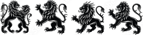 Heraldic lion silhouette vector illustration, rampant pose artwork, decorative medieval motif, symbolic animal design, abstract strength courage pattern