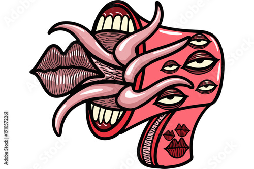 Cursed Megaphone Monster with a big scary mouth with many eyes on its body for halloween even