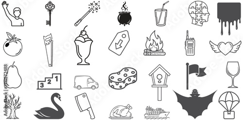 Iconic Assortment: A diverse collection of illustrated icons, encompassing a variety of symbols. 