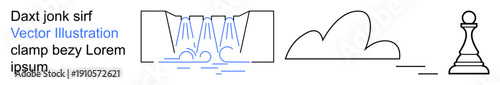 Strategic planning, creativity, nature, decision making, flow, and symbolism. Abstract design a chess pawn, flowing water and a cloud. Strategic planning and creativity