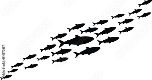 School of fish silhouettes swimming diagonally in ocean, marine life vector illustration showing unity, movement, direction, underwater design