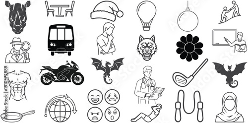 Collection of Outlined Icons: A diverse collection of outlined icons, each representing a unique concept, from everyday objects to abstract ideas. Clean, modern design for versatile use.