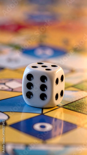 Wallpaper Mural White die shows a six, atop a colorful game board with geometric patterns Torontodigital.ca