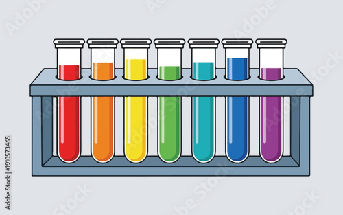 Colorful Chemistry: An artistic illustration showcasing a row of test tubes, each filled with a vibrant hue, meticulously arranged in a rack, representing the fascinating world of science.