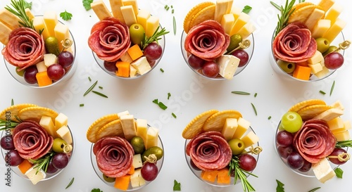Eight individual appetizer cups showcase layered charcuterie ingredients including rolled salami, cheese cubes.