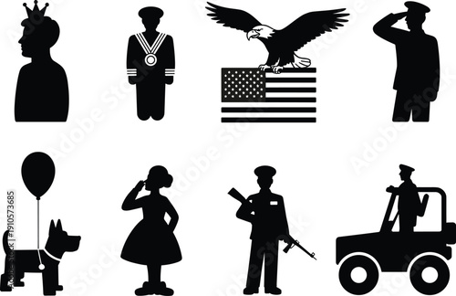 Patriotic and military silhouette vector icon set, soldier, sailor, police officer, American flag, eagle, service dog isolated on white background