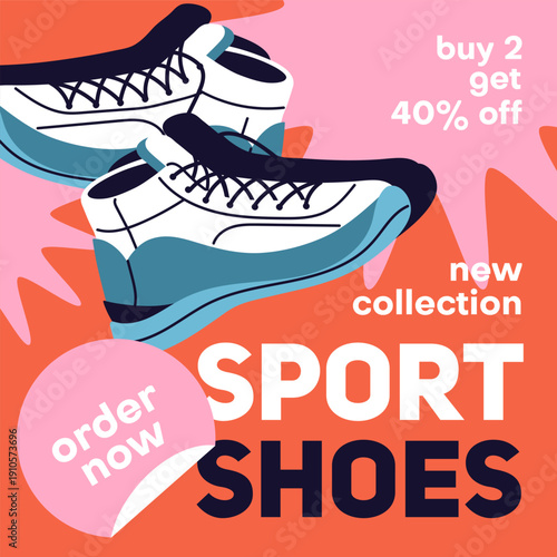 Design of coupon with special offer on sneakers in boots store. Advertising card template with sale on trainers. Promotion layout with discount, price off on footwear in shop. Flat vector illustration