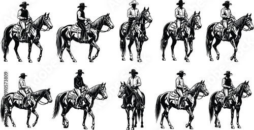 Black and White Vector Silhouette Illustration Set of Western Cowboy Riders on Horses in Various Poses for Ranch, Equestrian, and Vintage American Frontier Design