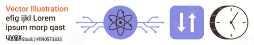 Education, science, communication, time management, data transfer, technology. Atom design with connecting lines, arrows showing transfer and clock ion. Science and communication