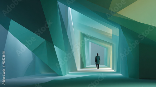 Navigating the Abstract Passage: A solitary figure navigates an abstract, geometric passage bathed in ethereal light, exploring themes of journey and introspection.