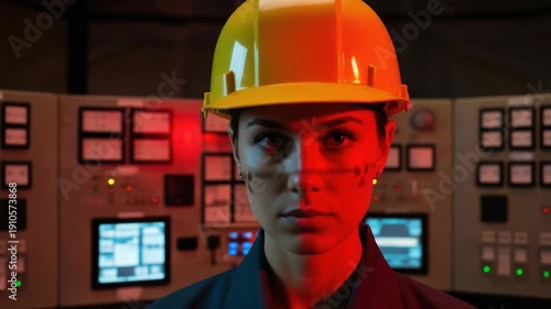 A female engineer in a hard hat inside an industrial control room. Close-up portrait of a serious worker looking at the camera with dramatic red lighting. Energy and technology concept