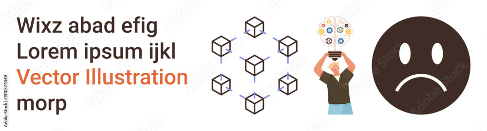 Fototapeta premium Technology, blockchain, emotions, idea sharing, innovation, mood . Hexagonal cubes in a network, a person holding symbolic icons and a sad face emotion. Technology and emotions concept