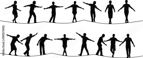 Black silhouette collection of tightrope walkers balancing on a thin wire representing business risk, mental stability, challenge, professional equilibrium, and circus performance achievement.