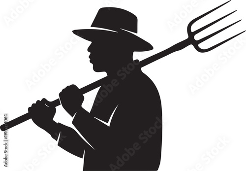 Farmer Silhouette Carrying Pitchfork Icon - Agricultural Worker Logo