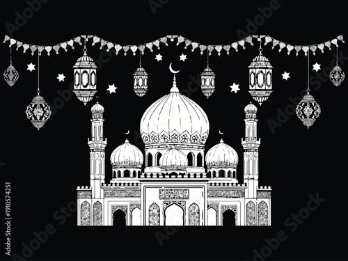 Islamic Festival Themed Mosque Illustration with Hanging Lanterns in Elegant Monochrome Outline Vector Design