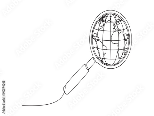A black and white line drawing of a magnifying glass over a globe