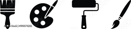 Set of black paint brush, palette, roller, and art tool silhouette vector icons isolated on white background for creative design, painting projects, and artist branding
