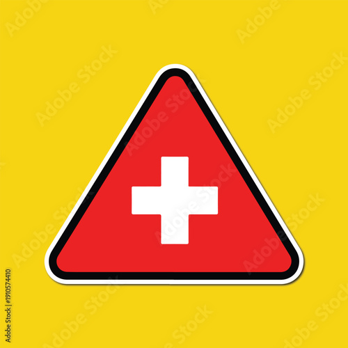 Caution Sign for Healthcare: A red triangular caution sign with a white cross, a symbol universally recognized for medical assistance, healthcare, and safety.