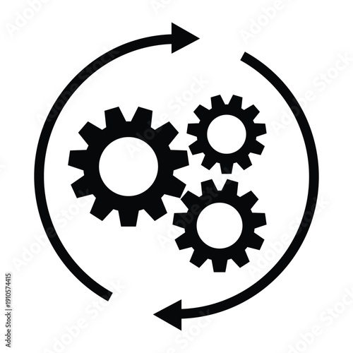 Black and white icon of interlocking gears enclosed in a circular arrow, symbolizing automation, workflow, engineering, and continuous process. Ideal for UI, infographics, and system design.
