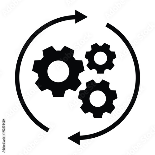 Black and white icon of interlocking gears enclosed in a circular arrow, symbolizing automation, workflow, engineering, and continuous process. Ideal for UI, infographics, and system design.