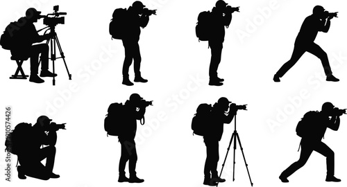 Black Silhouettes of Professional Photographers and Videographers with Cameras Tripods and Backpacks in Various Poses Isolated on White Background for Media Production Design