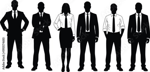 Business team silhouettes standing together in formal attire, corporate professionals isolated on white background, leadership concept for teamwork, diversity and workplace unity