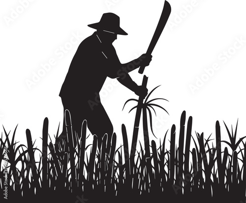 Farmer Cutting Sugarcane with Machete Silhouette - Agricultural Harvest Vector