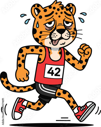 Cartoon leopard character running a marathon wearing a red jersey with number forty-two looking exhausted sweaty and tired isolated on a white background.