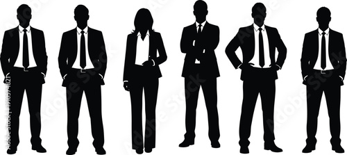 Corporate business team silhouettes standing in formal suits, professional men and woman isolated on white background, leadership, teamwork and workplace diversity concept