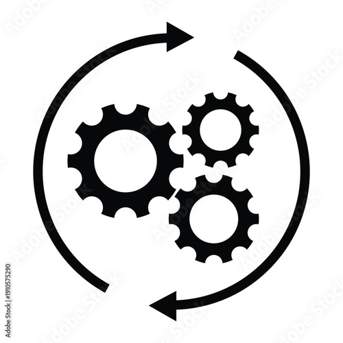 Black and white icon of interlocking gears enclosed in a circular arrow, symbolizing automation, workflow, engineering, and continuous process. Ideal for UI, infographics, and system design.