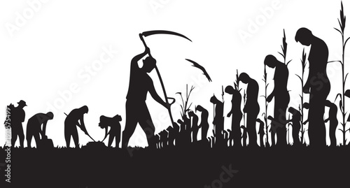 Silhouette of Workers Laboring in Field with Scythe and Tall Crops