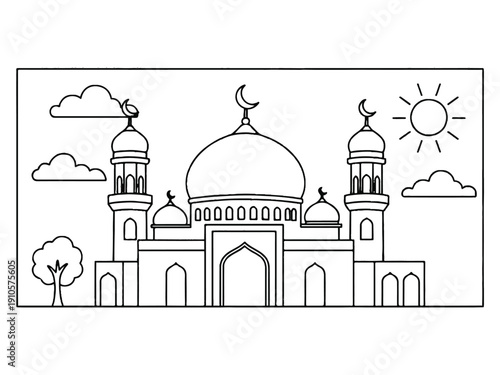 Futuristic Concept Mosque Architecture Illustration with Sleek Minimal Lines in Modern Monochrome Vector Art