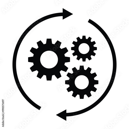 Black and white icon of interlocking gears enclosed in a circular arrow, symbolizing automation, workflow, engineering, and continuous process. Ideal for UI, infographics, and system design.