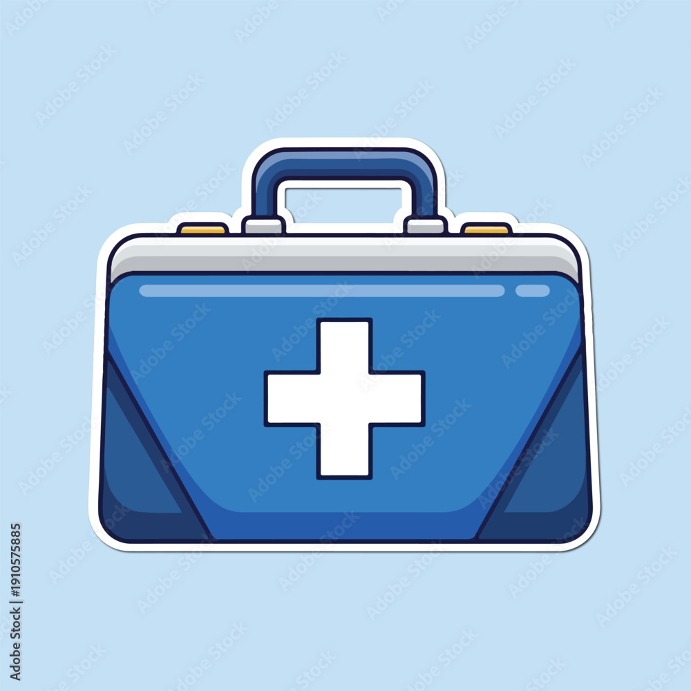 Obraz premium First Aid Kit: A close-up illustration of a classic blue first aid kit, with the universal symbol of a white cross prominently displayed on the front. Symbolizing emergency care and safety. 